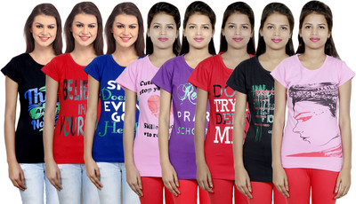 Indistar Printed Women Round Neck Multicolor T-Shirt