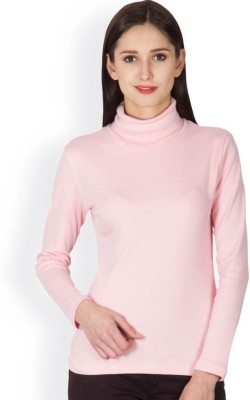 HYPERNATION Solid Women Turtle Neck Pink T-Shirt