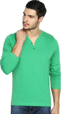 The Indian Garage Co. Solid Men' Henley Green T-Shirt