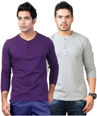 Top Notch Solid Men Henley Purple, Grey T-Shirt(Pack of 2)