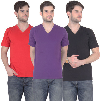 

E'Hiose Solid Men's V-neck Multicolor T-Shirt(Pack of 3, Black;purple;red