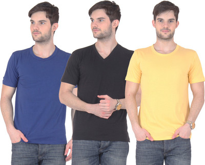

E'Hiose Solid Men's V-neck Multicolor T-Shirt(Pack of 3, Black_v;blue_r;yellow_r