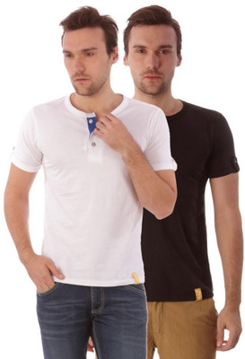 

Campus Sutra Solid Men Henley Black, White T-Shirt(Pack of 2