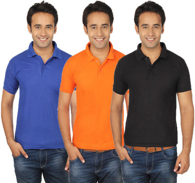 

Quetzal Solid Men's Polo Neck Multicolor T-Shirt(Pack of 3, Black;blue;orange