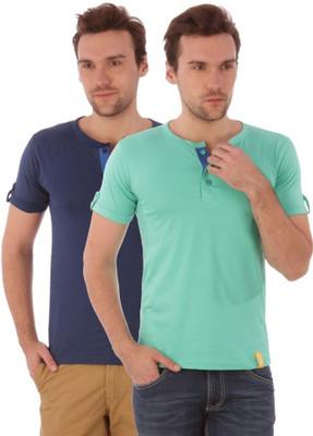 

Campus Sutra Solid Men Henley Blue, Green T-Shirt(Pack of 2), Blue;sea green