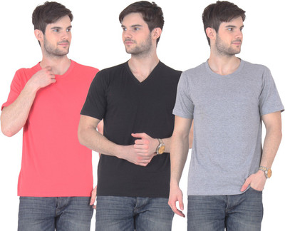 

E'Hiose Solid Men' V-neck Multicolor T-Shirt(Pack of 3, Black_v;carrot_r;grey_r