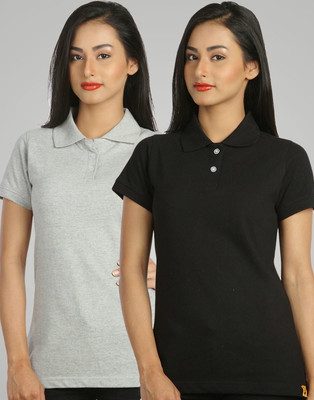 

Campus Sutra Solid Women's Polo Neck Grey, Black T-Shirt(Pack of 2)