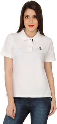 

The Cotton Company Solid Women's Polo Neck White T-Shirt