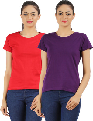 

Ap'pulse Solid Women's Round Neck Red, Purple T-Shirt(Pack of 2)