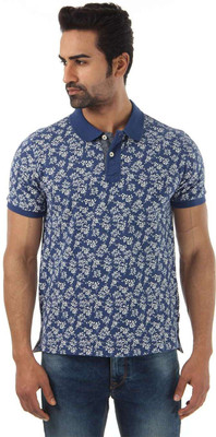 

Flying Machine Floral Print Men's Polo Neck Blue T-Shirt, True navy