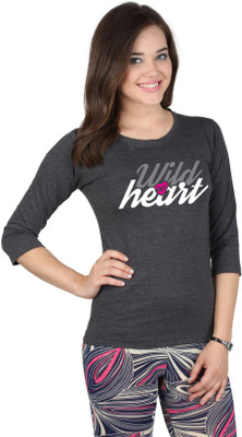 

SayItLoud Printed Women' Round Neck Black T-Shirt, Black melange