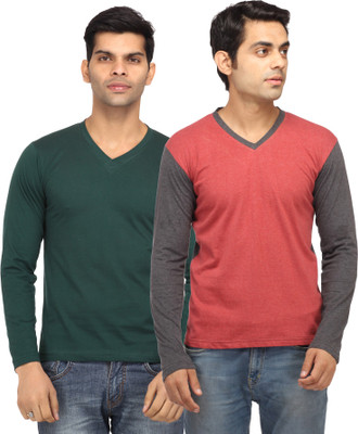 Leana Solid Men's V-neck Green, Red T-Shirt(Pack of 2