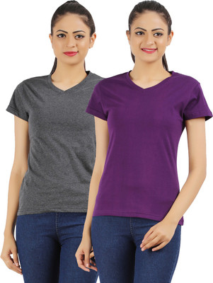 

Ap'pulse Solid Women's V-neck Grey, Purple T-Shirt(Pack of 2)