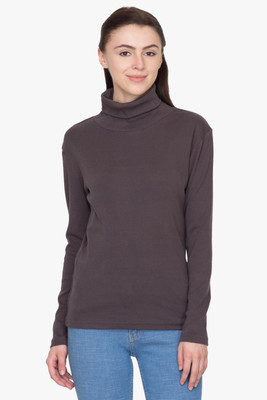 

Hypernation Solid Women' Turtle Neck Grey T-Shirt, Dark grey