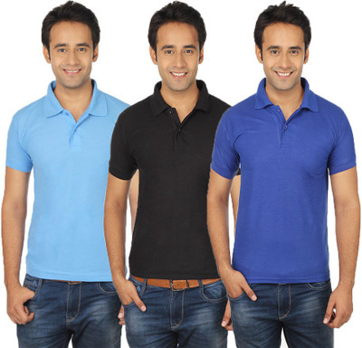 

Quetzal Solid Men's Polo Neck Multicolor T-Shirt(Pack of 3, Black;blue;sky blue