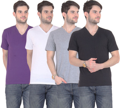 

E'Hiose Solid Men' V-neck Multicolor T-Shirt(Pack of 4, Black;grey;purple;white