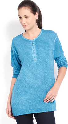 

Ten on Ten Self Design Women's Round Neck Blue T-Shirt