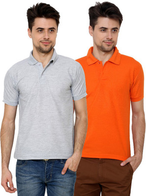 Grand Bear Solid Men Polo Neck Orange, Grey T-Shirt(Pack of 2)