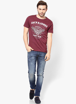 Jack & Jones Graphic Print Men' Round Neck Maroon T-Shirt, Fig