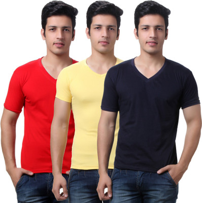 

TeeMoods Solid Men's V-neck Red, Yellow, Dark Blue T-Shirt(Pack of 3), Navy;red;yellow