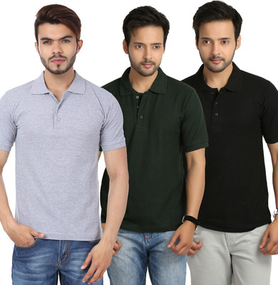 

Weardo Solid Men's Polo Neck Black, Green, Grey T-Shirt(Pack of 3, Black;bottle green;grey