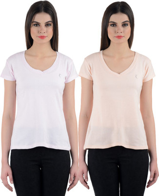 Ultra Fit Solid Women's V-neck Multicolor T-Shirt(Pack of 2), B.pink;pink