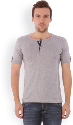 

Campus Sutra Solid Men Henley Grey T-Shirt