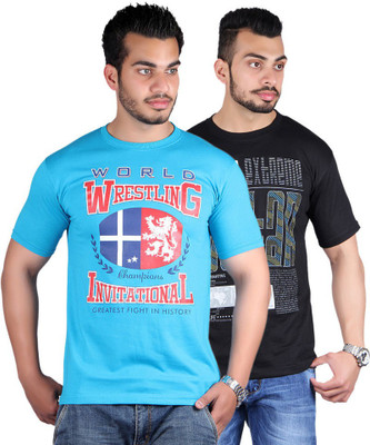 

Shineway Graphic Print Men's Round Neck Multicolor T-Shirt(Pack of 2, Black;turquoise