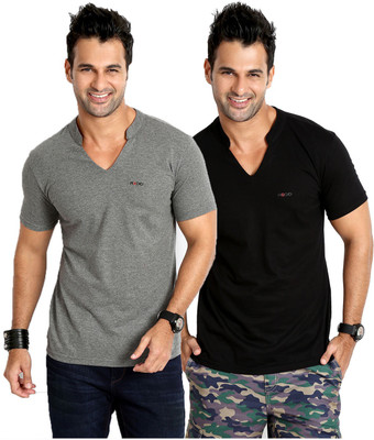 Rodid Solid Men's V-neck Grey, Black T-Shirt(Pack of 2), Black;charcoal melange