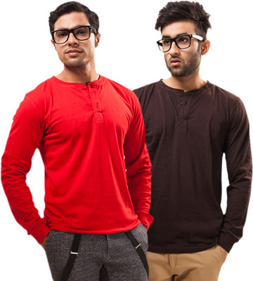 

Unisopent Designs Solid Men's Henley Red, Brown T-Shirt(Pack of 2