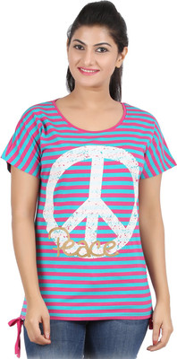 

Hoodz Striped, Printed Women's Round Neck Pink T-Shirt