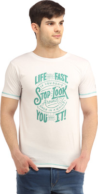 

Fio Printed Men' Round Neck White T-Shirt, Navy blue print on grey base