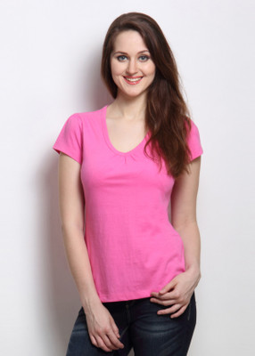 

Rigo Solid Women's V-neck Pink T-Shirt