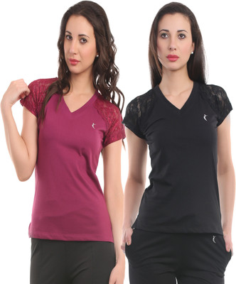 

Ultra Fit Solid Women's V-neck Maroon, Black T-Shirt(Pack of 2), Black;wine