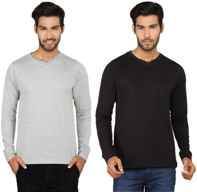 

SayItLoud Solid Men's V-neck Multicolor T-Shirt(Pack of 2), Grey;black