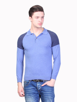 

Kalt Striped Men Polo Neck Blue T-Shirt, Blue melange