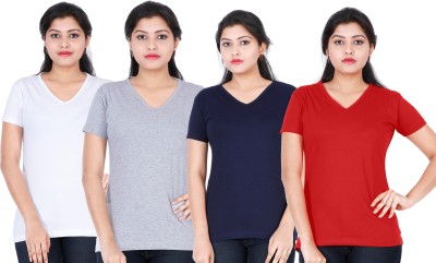 Fleximaa Solid Women V Neck Dark Blue, Red, White, Grey T-Shirt