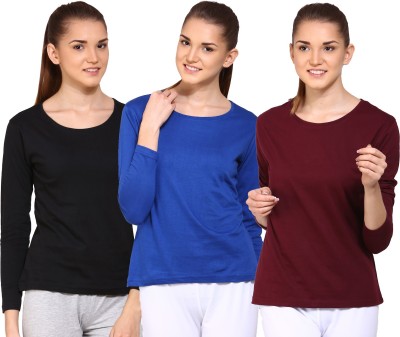 Ap'pulse Solid Women Round Neck Blue, Maroon, Black T-Shirt