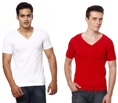 

Casual Tees Solid Men's V-neck Multicolor T-Shirt(Pack of 2, White red combo
