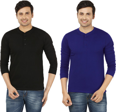 

Weardo Solid Men' Henley Black, Blue T-Shirt(Pack of 2, Black;royal blue
