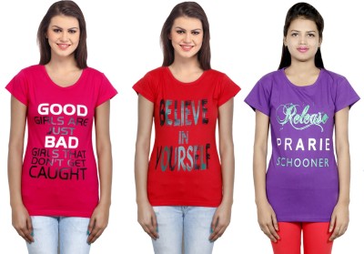 Indistar Printed Women Round Neck Purple, Red, Pink T-Shirt