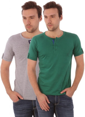 

Campus Sutra Solid Men Henley Grey, Green T-Shirt(Pack of 2), Green;grey
