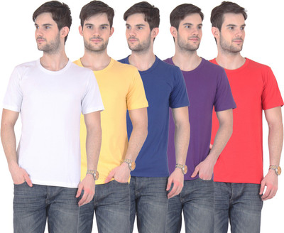 

E'Hiose Solid Men's Round Neck Multicolor T-Shirt(Pack of 5, Blue;purple;red;white;yellow