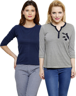 

LimeBerry Striped Women's V-neck Grey, Dark Blue T-Shirt(Pack of 2, Dark blue;grey