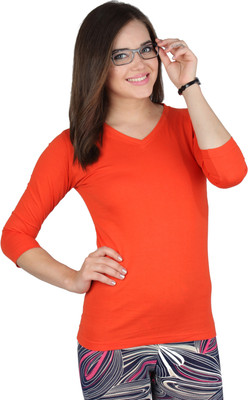 

SayItLoud Solid Women' V-neck Orange T-Shirt