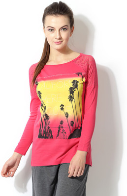 

Ajile by Pantaloons Graphic Print Women's Boat Neck Pink T-Shirt, Coral