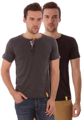 

Campus Sutra Solid Men Henley Black, Grey T-Shirt(Pack of 2