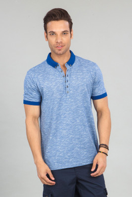 Cotton World Solid Men's Polo Neck Blue T-Shirt