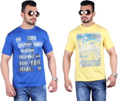 

Shineway Printed Men's Round Neck Multicolor T-Shirt(Pack of 2, Blue;yellow
