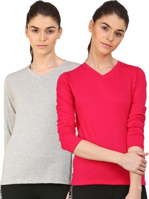 Ap'pulse Solid Women V Neck Pink, Grey T-Shirt